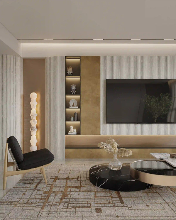 Beige square line stone wall panel in living room