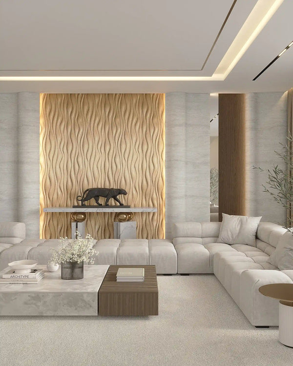 Light gold cosmo fabric wall panel in living room