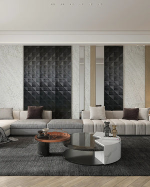 Ink cube fabric wall panel in living room