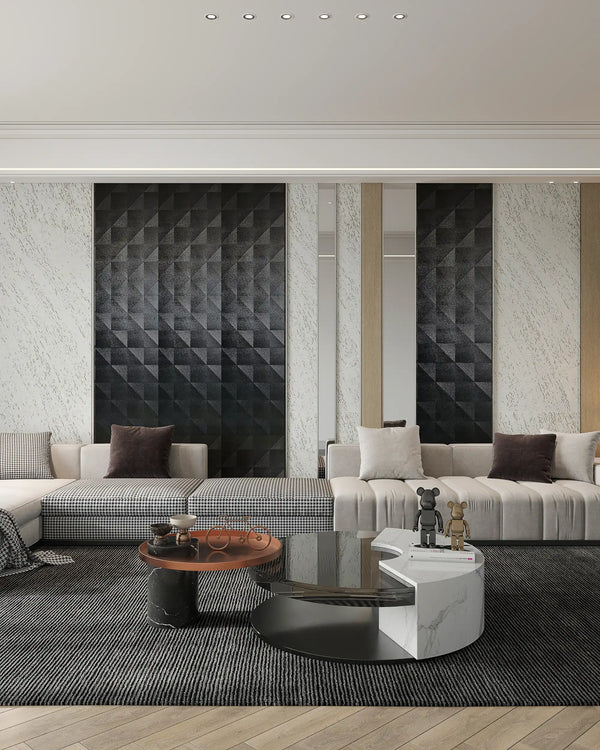 Ink cube fabric wall panel in living room