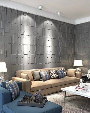 Taupe canvas fabric wall panel in living room
