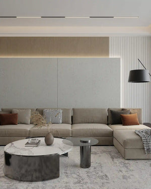 Light grey travertine stone wall panel in a living room