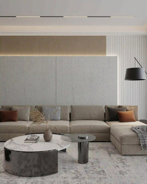 Light grey travertine stone wall panel in a living room