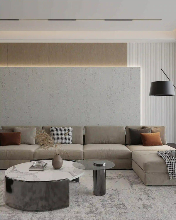 Light grey travertine stone wall panel in a living room