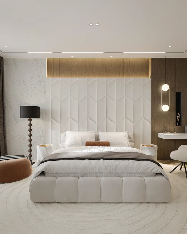 Créme urban fabric wall panel in bedroom
